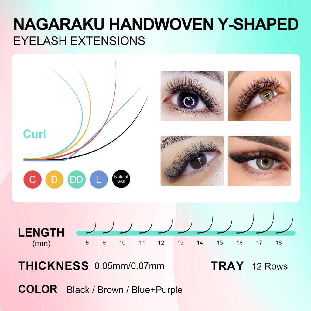 NAGARAKU YY 4D Volume Eyelash Extensions 0.05mm D Curl 8-15mm Mix 12 Rows