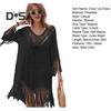 Beach Cover Up Dress V-Neck Woven Hollow Neckline Fringed Cuffs Hem Bikini Cover Up UV Protection Beach Dress