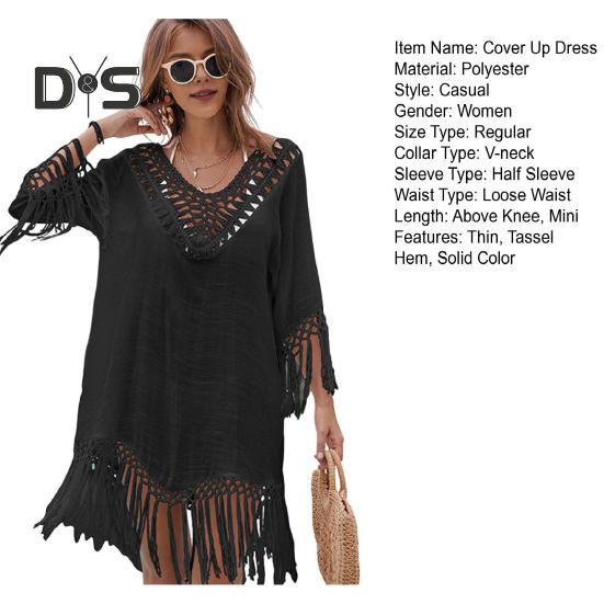 Beach Cover Up Dress V-Neck Woven Hollow Neckline Fringed Cuffs Hem Bikini Cover Up UV Protection Beach Dress