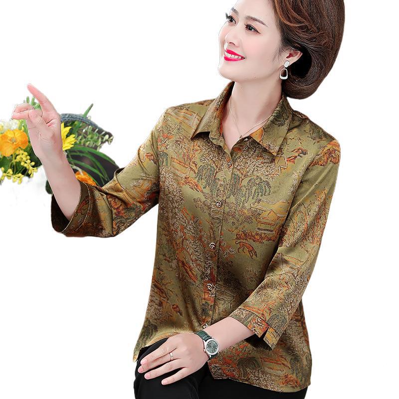 Women's Retro Print Mulberry Silk Shirt - Spring/Summer, Seven-Point Sleeve, Loose Fit, Stylish for Middle-Aged and Elderly