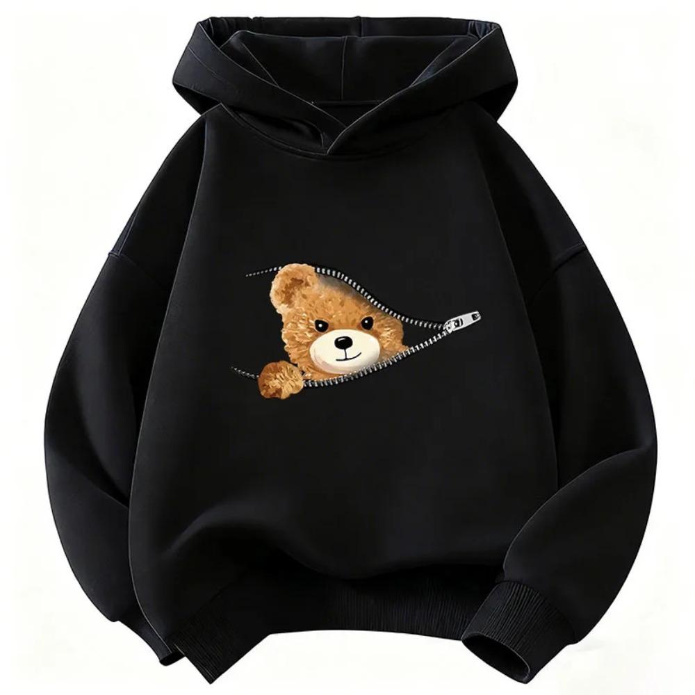 Children's Fun Zipper Bear Cartoon Printed Hooded Sweater Casual and Comfortable Long-sleeved Pullover