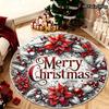 Round Rug, Merry Christmas Red Poinsettia Holly Ornament Vintage Sketch Circular Mat, Non‑Slip for Holiday Living Room Festive