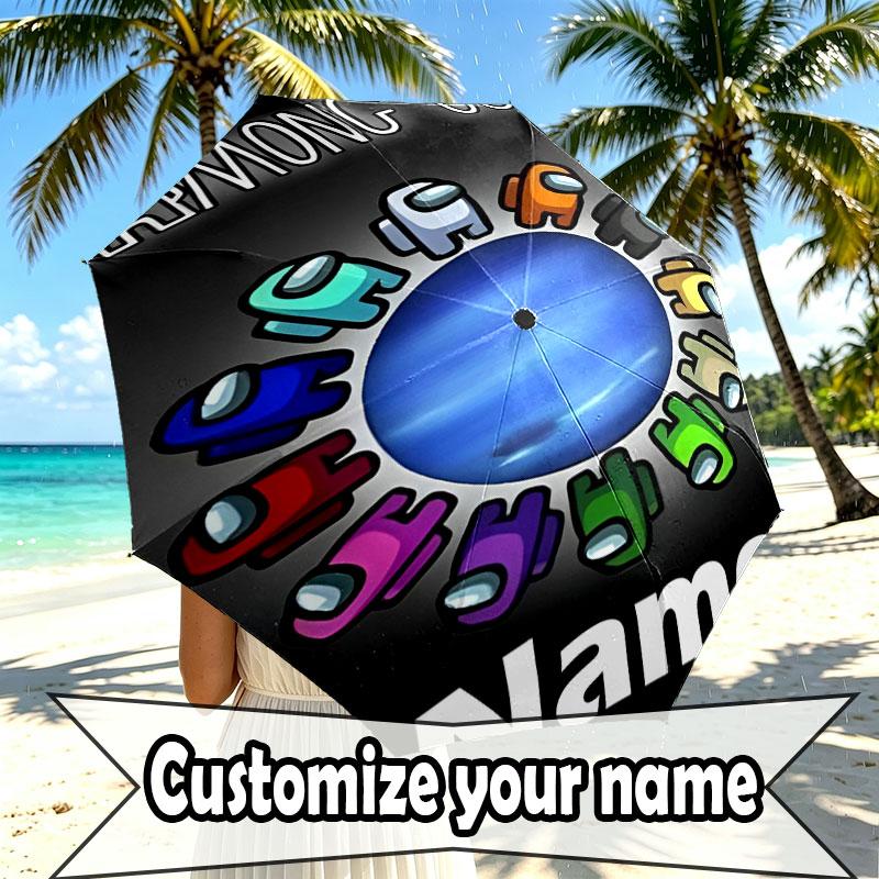 Custom Name Personalized Among Us Print Umbrella, Auto Open Close, 8‑Rib Sturdy Frame, Commute Camping Hiking Use, Birthday Gift