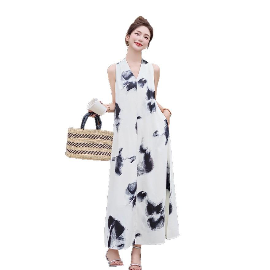 Vintage printed streamer v-neck sleeveless vest dress women's summer temperament loose skirt vacation style long dress