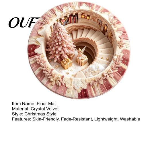 Winter Holiday Floor Covering 3D Optical Illusion Round Christmas Rug, Cute Santa Claus Crystal Velvet Mat, Mat Vivid Printed Circular Carpet