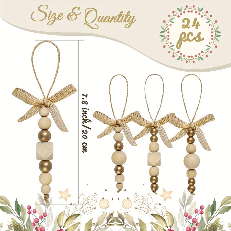 24pcs Bohemian Wooden Bead Christmas Tree Ornaments Natural Wood Beads & Gold Beads Bows Hanging Decor for Wreaths Holiday Trees