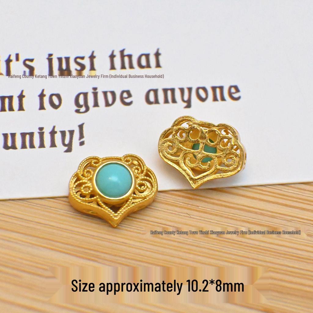 S925 Sterling Silver Gold-Inlaid Raw Turquoise Pendant Spacer Beads