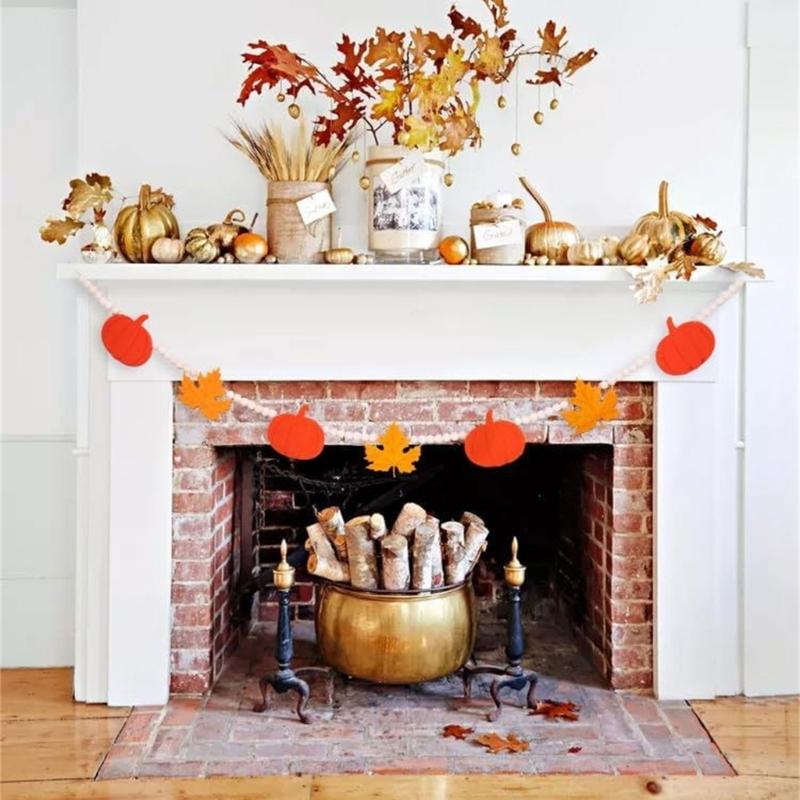 Handmade Wood Beads Ornament Fall Seasonal Decorations Thanksgiving Home Accent Pumpkin Garlands Hanging Decors