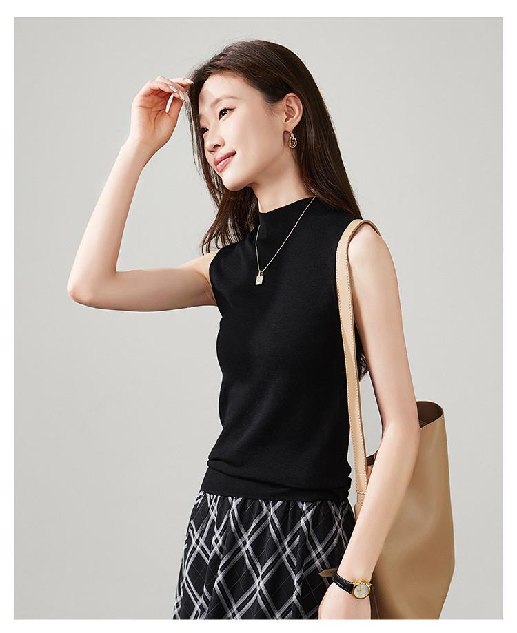Sheep wool semi high neck knitted vest for women in spring 2026, versatile and slimming sleeveless top