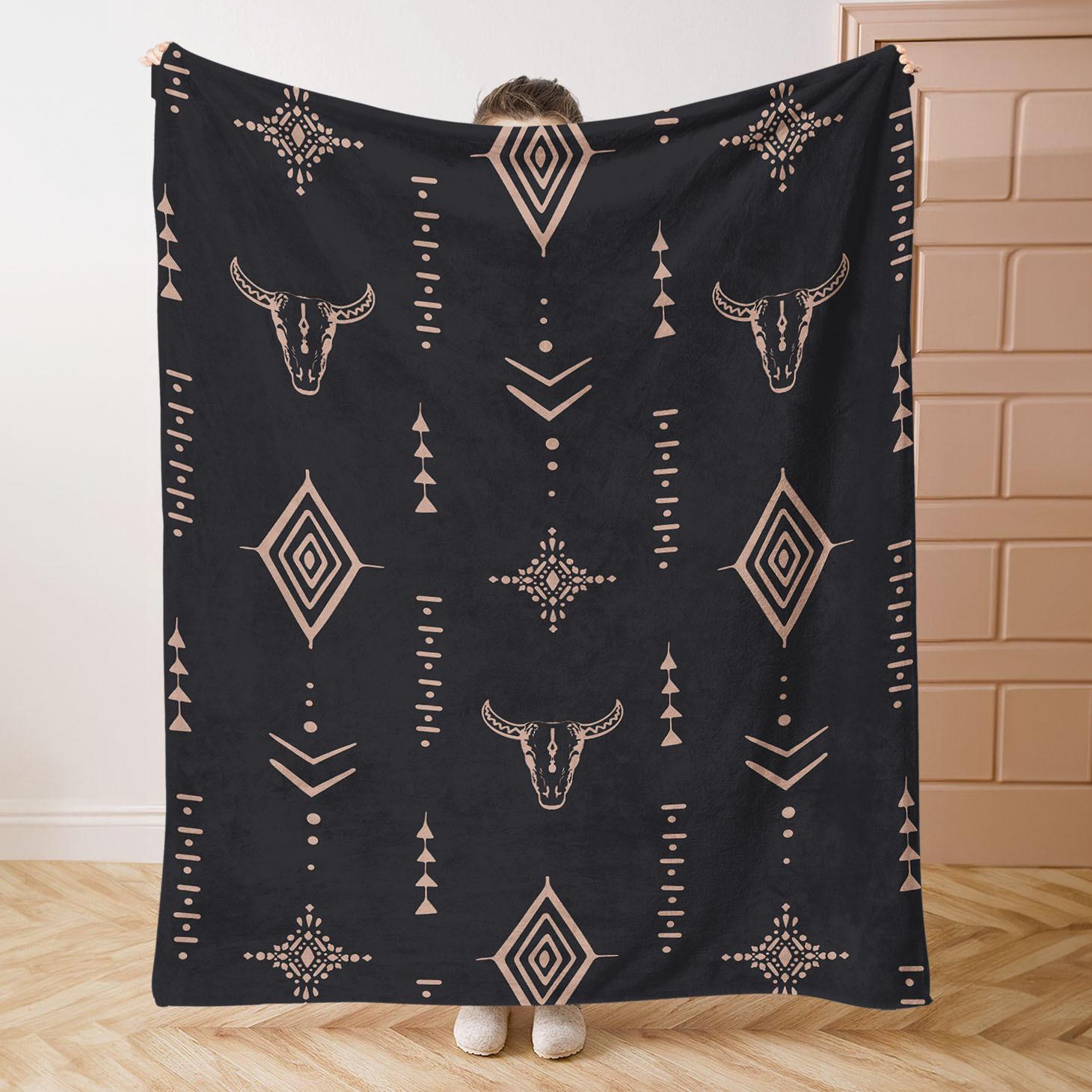 

Retro Western Bull Geometric Flannel Blanket Mid Century AllSeason Bed Sofa Camping Throw 75x100cm (30x40inch)