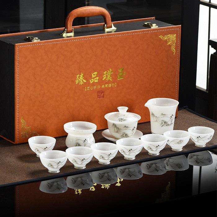 New Floral Ice Seed, Jade Kung Fu Tea Set Set, Home Gift, High-End Gift, High-End Business Present