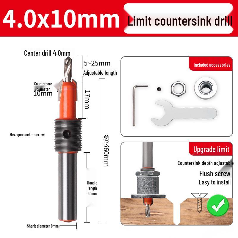 Stepped Woodworking Countersink Drill Bit with Depth Stop and Locator