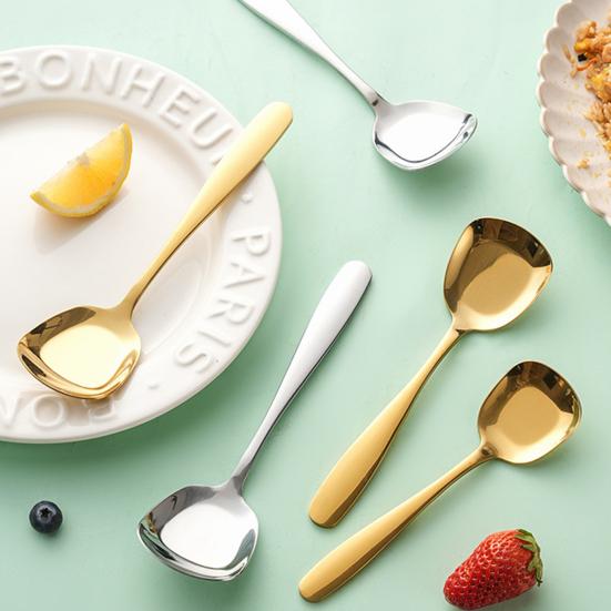 Yousheng Stainless Steel Square Head Soup Spoon Flat Bottom Anti-Spill Soup Ladle Thickened Ergonomic Handle Serving Utensil for Pasta Salad