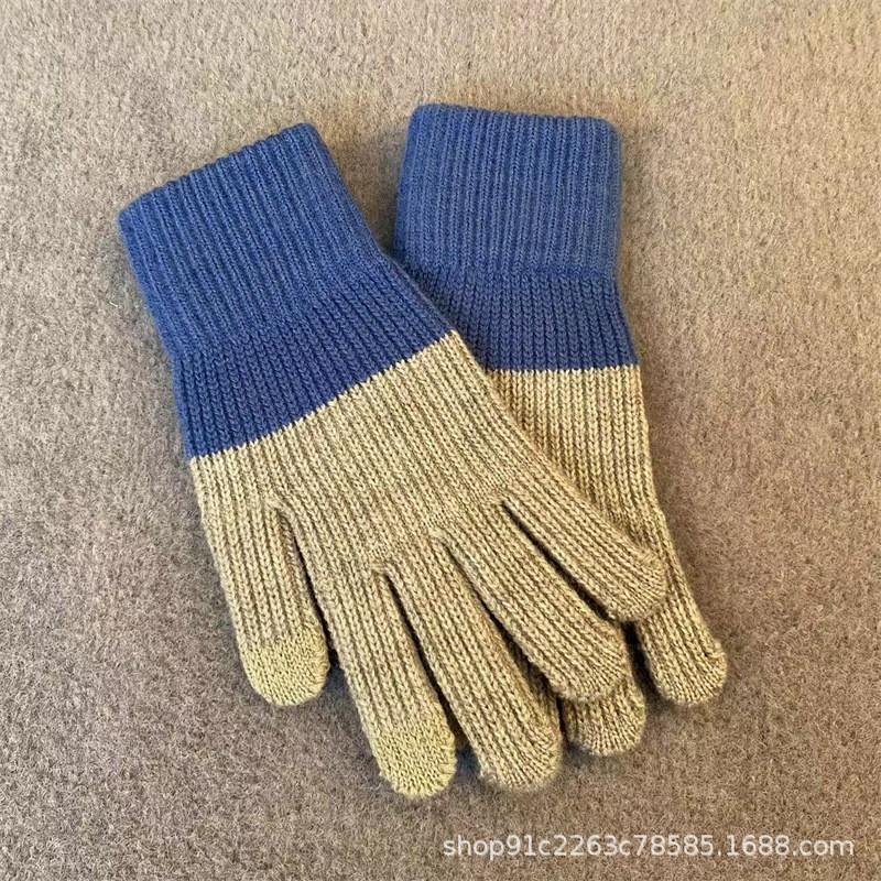 Warm Knitted Touchscreen Gloves Winter Thick Fleece Lined Color Block Design Unisex Full Finger