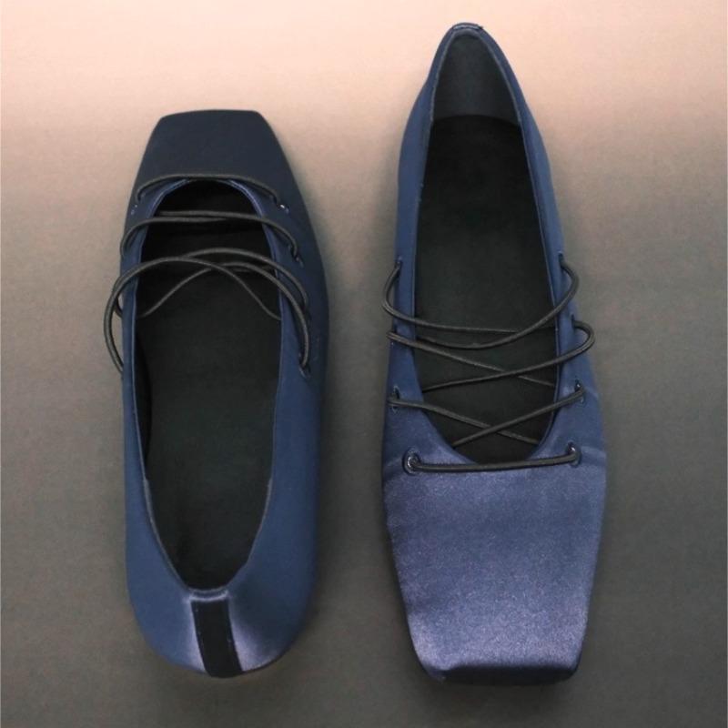 Fashion 2025 Summer Retro Satin Square Toe Lace-up Ballet Casual Outwear Flat Heel Women's Singles