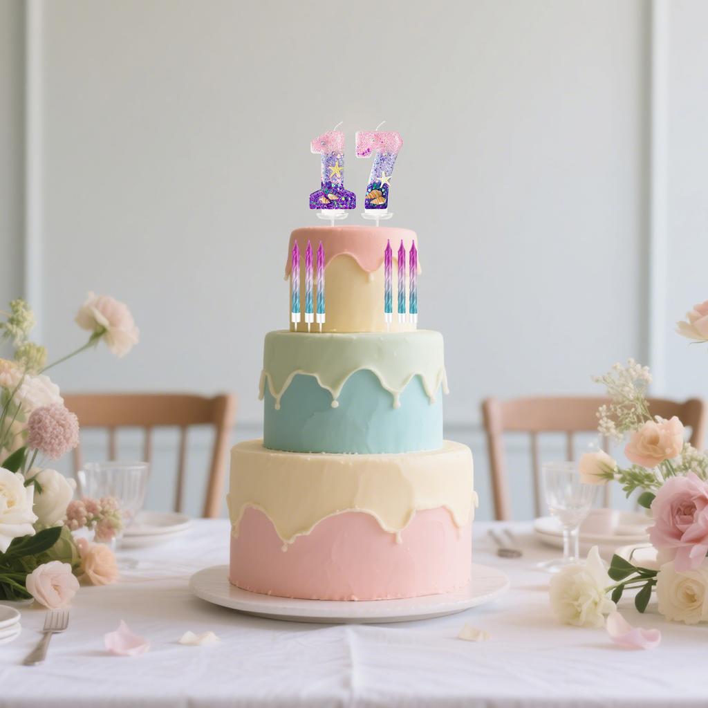 7pcs Girls Purple Mermaid Party Number 0-9 Cake Candles, 2.76 Inch Birthday Candle, Cake Topper Decoration for Birthday Party