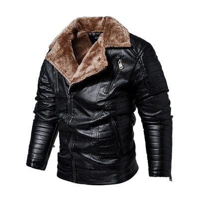 Vintage Men Leather Jacket Thicken Winter Men's Fleece Jacket Warm Fake Fur Collar