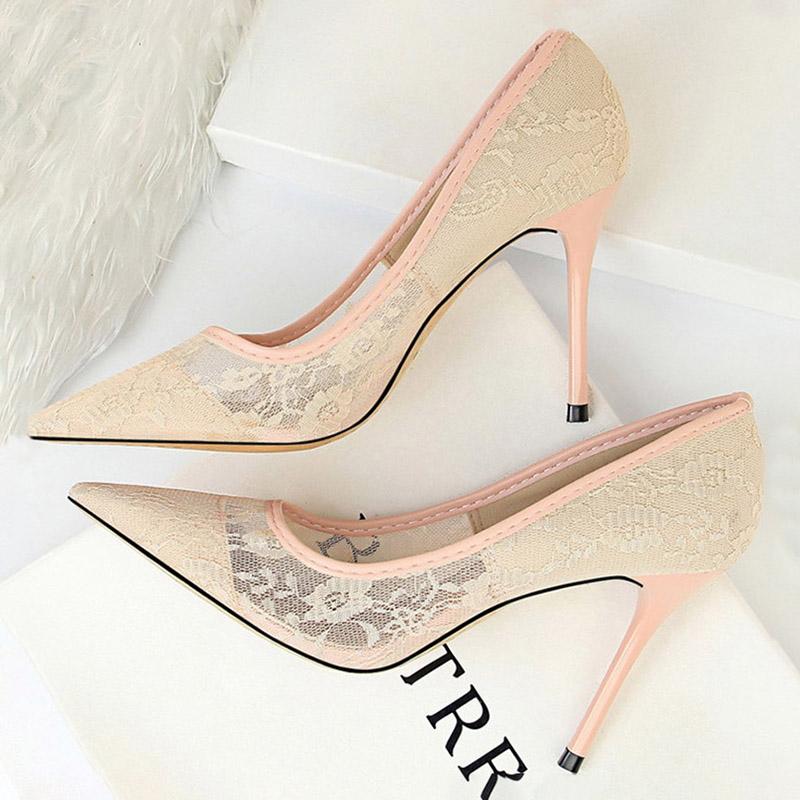 10cm Heels Mesh Hollow Lace Woman'S High Heels Sexy Party Shoes Thin Stiletto Heels Women'S Shoes Fashion Designer Women'S Shoes
