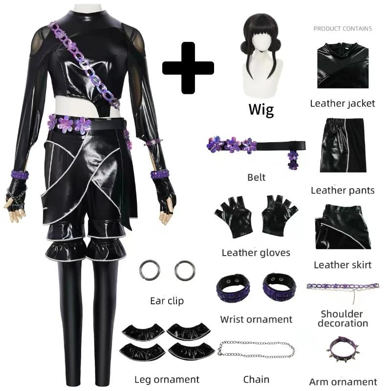Kpop Demons Hunters Rumi Cosplay Costume Wig Black Leather Battle Suit Adult Women Coat Pants Belt Gloves Halloween Party