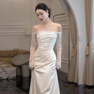 Elegant French Satin One-Shoulder Wedding Gown with Lace Long Sleeves