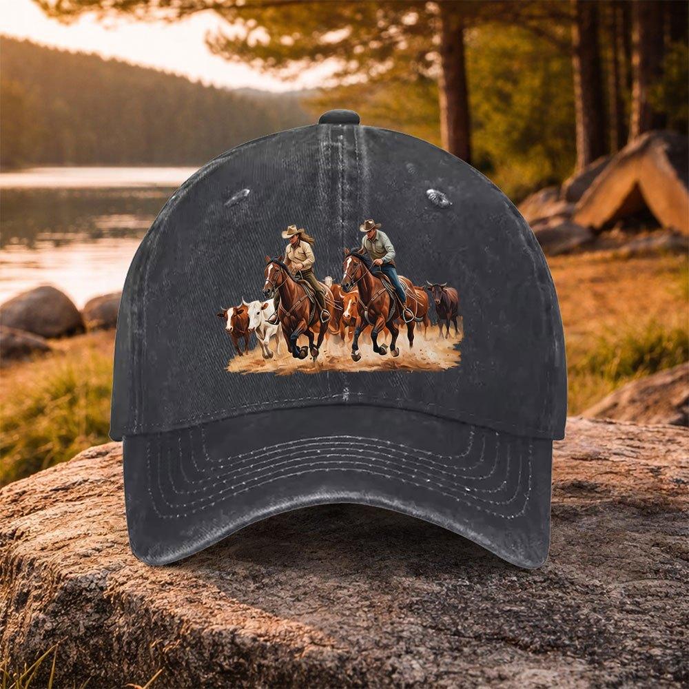 Pc Casual Versatile Western Cowboy Herding Print Washed Baseball Cap Suitable for Golf Casual Wear and Outdoor Activities G