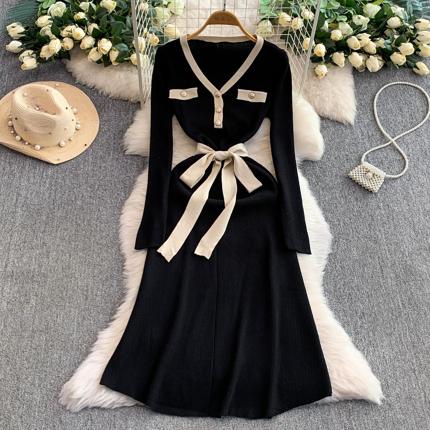 

Осень Зима Женский Элегантный В-образный вырез Полный рукав Цветной блок Вязаный пуловер Свитер Длинные Миди Платья на шнуровке One Size чёрный