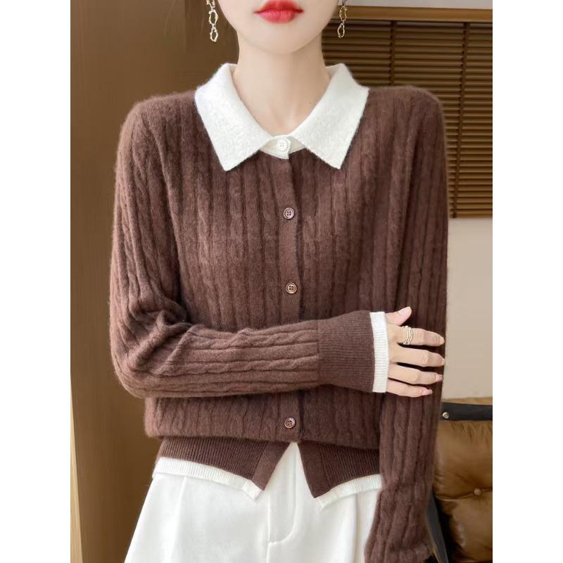 POLO Collar Small Twist Short Colour Blocking Knitted Cardigan Women's Pullover Sweater Bottoming Shirt Jacket