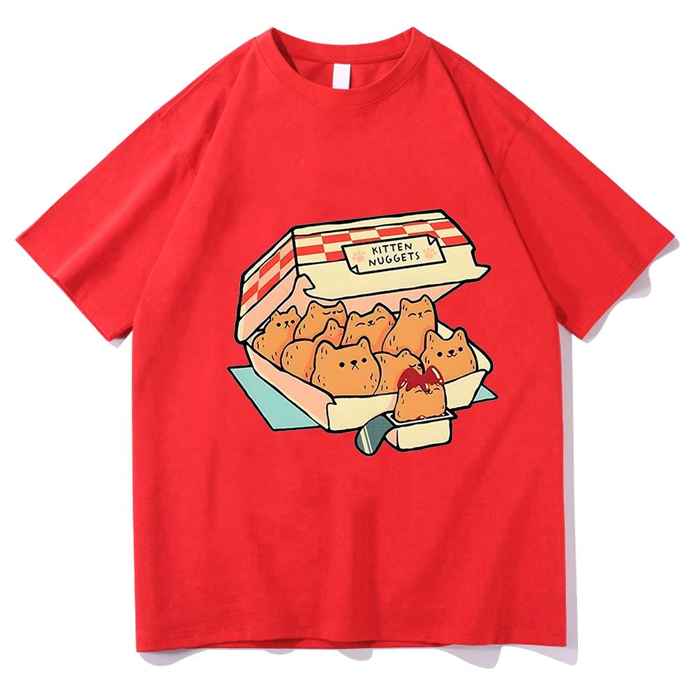 Kocięce Nuggets Radosne Koszulki Damskie Kawaii/urocze Koszulki High Street 100% Bawełna T-shirty Kocie Ciastka Sos do Maczania Krótki Rękaw