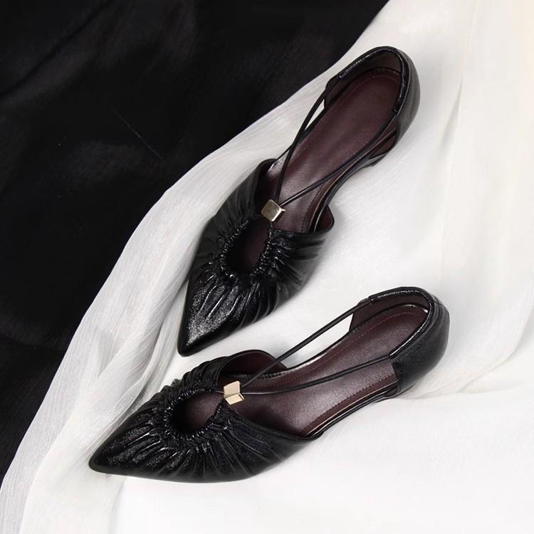 Sheepskin version~ Summer temperament single shoes pointed hollow pleated shoes Ou Ruofeng wears light mouth silver sandals