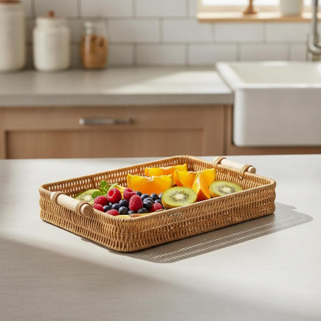 Rectangular Wicker Tray Practical Serving with Handles Lightweight