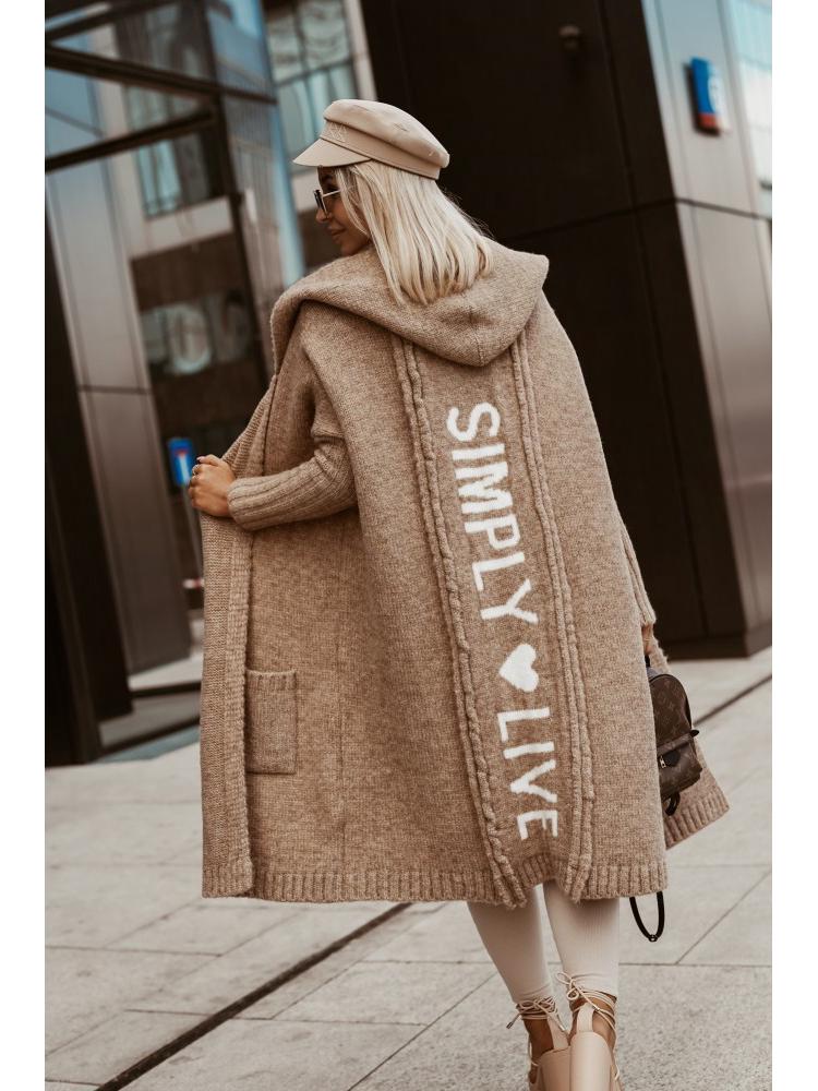 Autumn/Winter Hooded Long Cardigan Sweater with Turn-Down Collar and Letter Knit Design