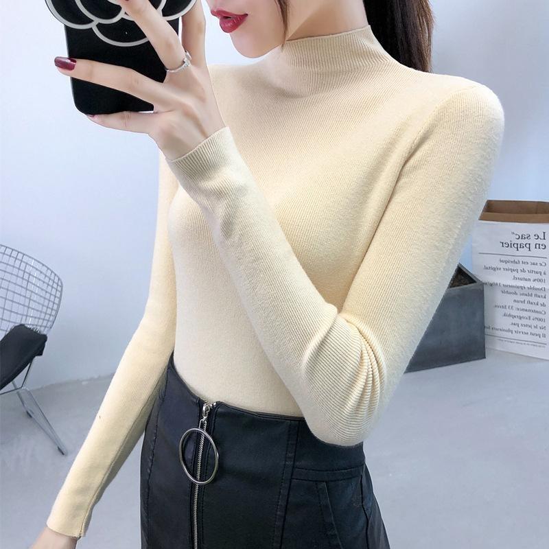 Half Turtleneck Knitted Pullovers Sweaters Women Autumn Winter Primer Shirt Long Sleeve Short Slim-fit Tight Jumper Tops Solid Color One Size