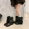 Autumn Winter Thick Heel Women Western Cowboy Boots Fashion Belt Buckle Slip On Shoes Ladies Vintage Pleated Short Booties