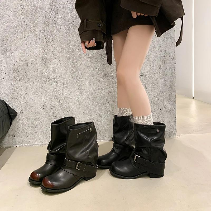 Autumn Winter Thick Heel Women Western Cowboy Boots Fashion Belt Buckle Slip On Shoes Ladies Vintage Pleated Short Booties