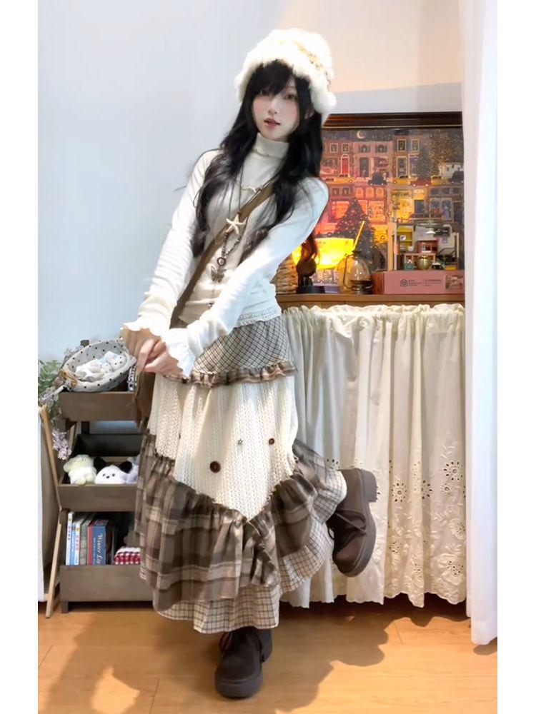 Vintage Forest-Inspired Plaid A-Line Skirt with Artistic Irregular Layers for Women - Autumn/Winter