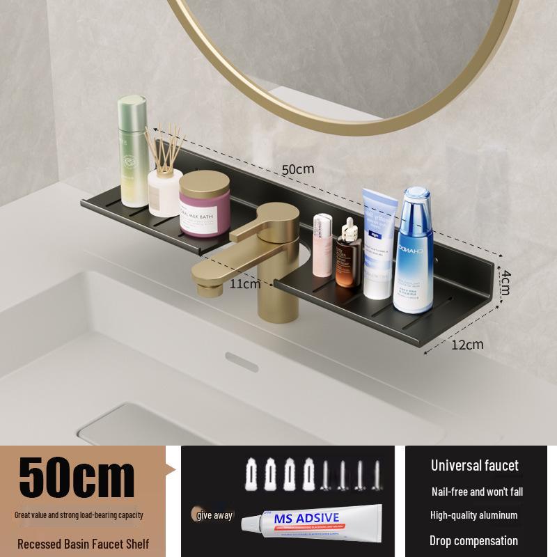 Wall-Mounted No-Drill Bathroom Vanity Shelf with Space for Faucet and Mirror