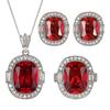 Luxury Ruby Red Cushion Cut Jewelry Adjustable Ring Necklace Earrings Halo Engagement Wedding Goddesses Party Jewelry for Women