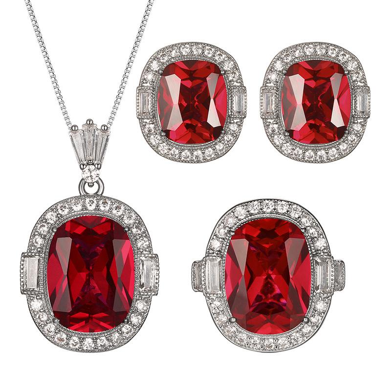 Luxury Ruby Red Cushion Cut Jewelry Adjustable Ring Necklace Earrings Halo Engagement Wedding Goddesses Party Jewelry for Women