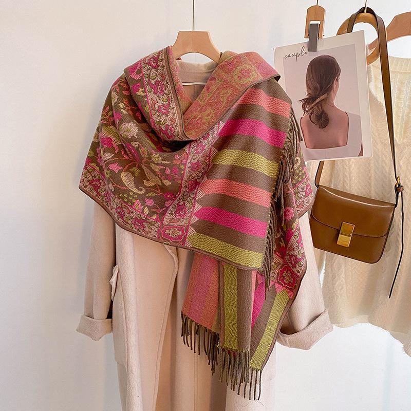 

Маленькая шаль с цветочной кисточкой, женский осенне-зимний шарф из пряжи core-spun, теплый шарф из утолщенного искусственного кашемира, дорожный шарф 190CM