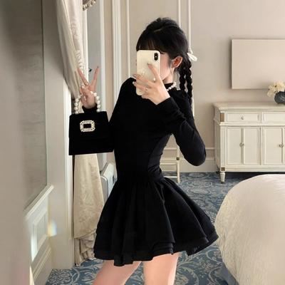 French Temperament Semi-turtleneck Thousand Gold Style Dress Waist Thin Princess Tutu Dress Women's New Autumn and Winter