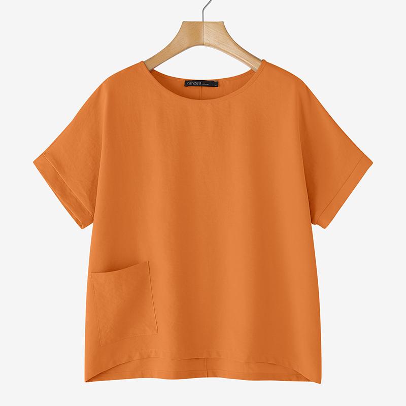 

ZANZEA Женская повседневная блузка с круглым вырезом, однотонная, летняя, с рукавом до локтя XL оранжевый