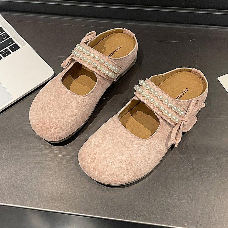 

Retro slippers new summer outer wear bow beaded round head flat bottom lazy one pedal slippers women 40 розовый