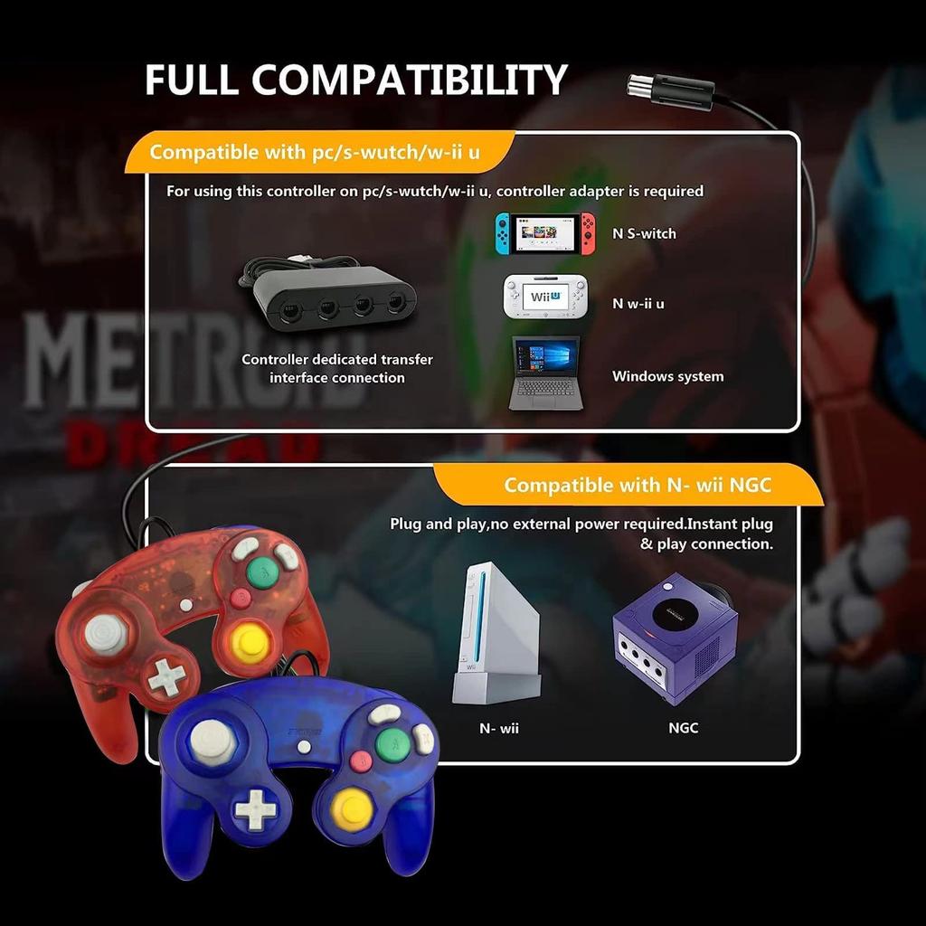 FIOTOK GameCube Controller Classic Wired Controller for Wii and Nintendo Gamecube (Clear Red & Clear Blue - 2-Pack)