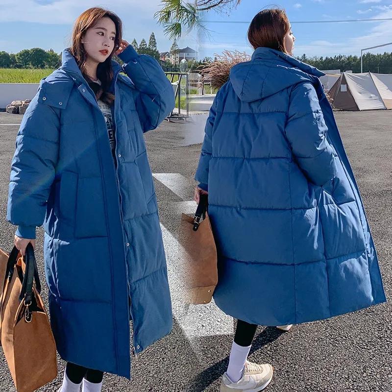 Winter Frauen Jacke Warme Parkas Weibliche Verdicken Puffer Mantel Baumwolle Gefütterte Parka Lange S denim-blau