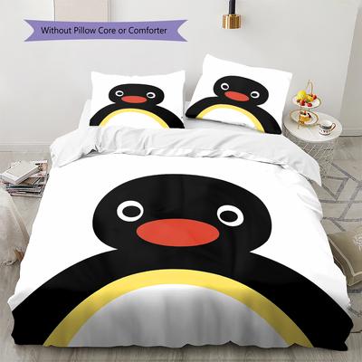 Juego de ropa de cama con estampado PINGU, funda nórdica y funda de almohada. Regalo ideal para el hogar y cumpleaños. (1 * funda nórdica + 2 * fundas de almohada, sin núcleo)