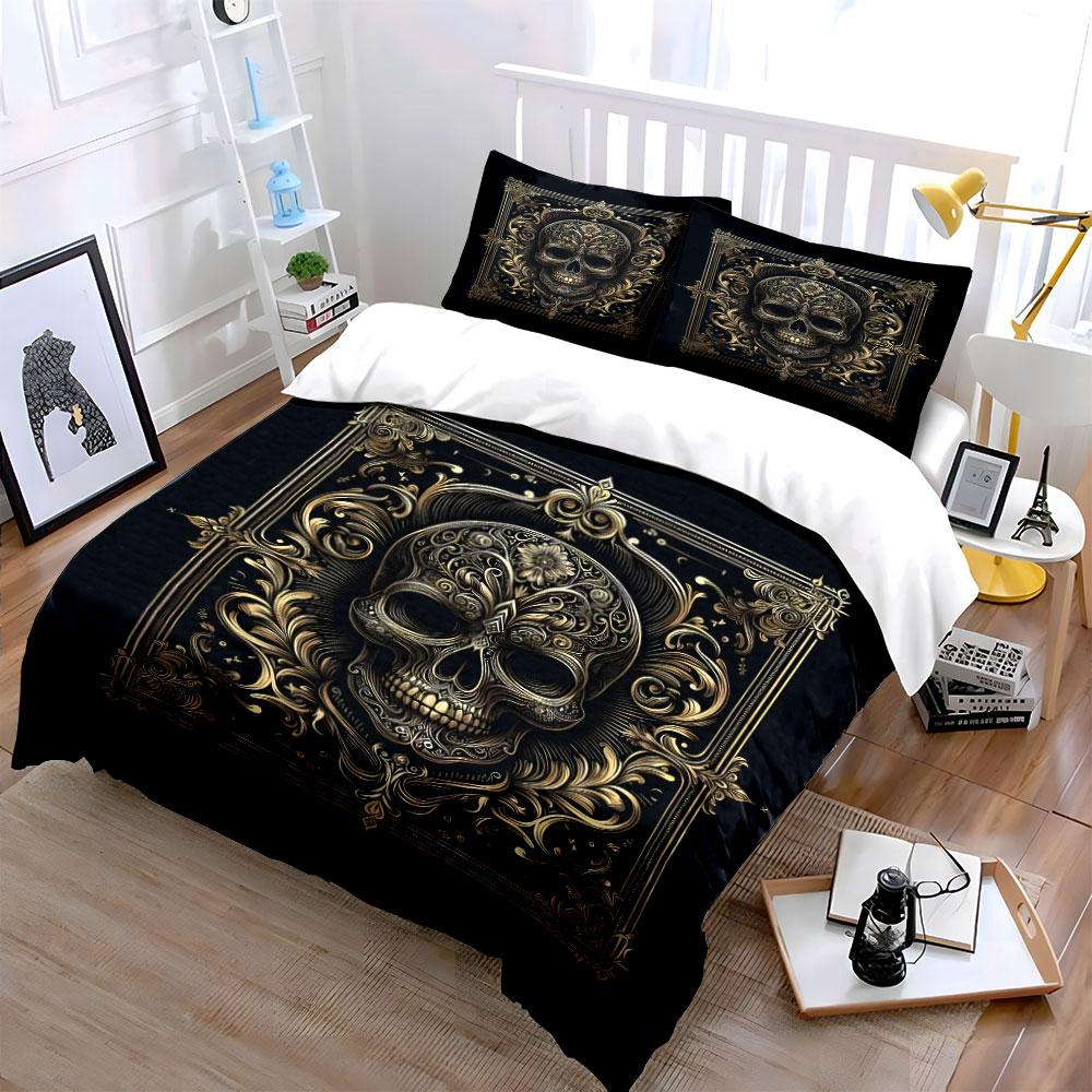 Vintage Gold Ornate Skull Baroque Duvet Cover Set Black Luxury Gothic Bedding Includes 1 Duvet Cover And 2 Pillowcase Gift