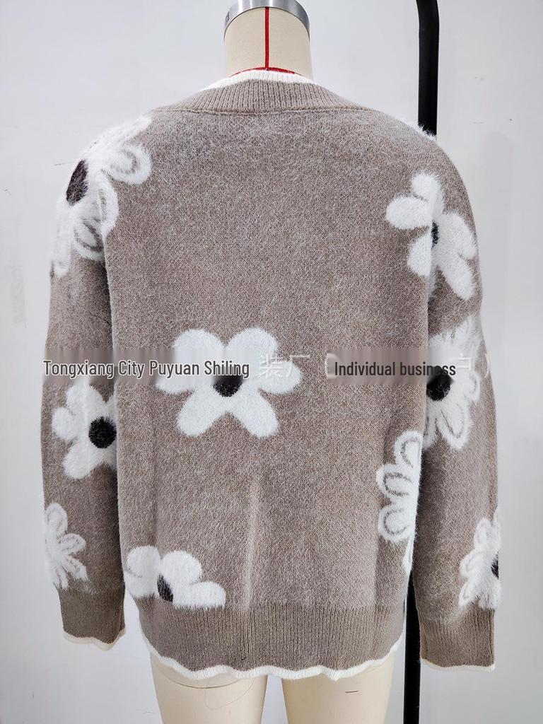 Women's Faux Mink Jacquard Lace Collar Knit Pullover Sweater for Autumn/Winter