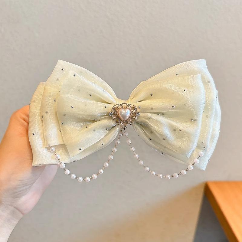 Rhinestone Pearl Bow Tassel Hair Clip