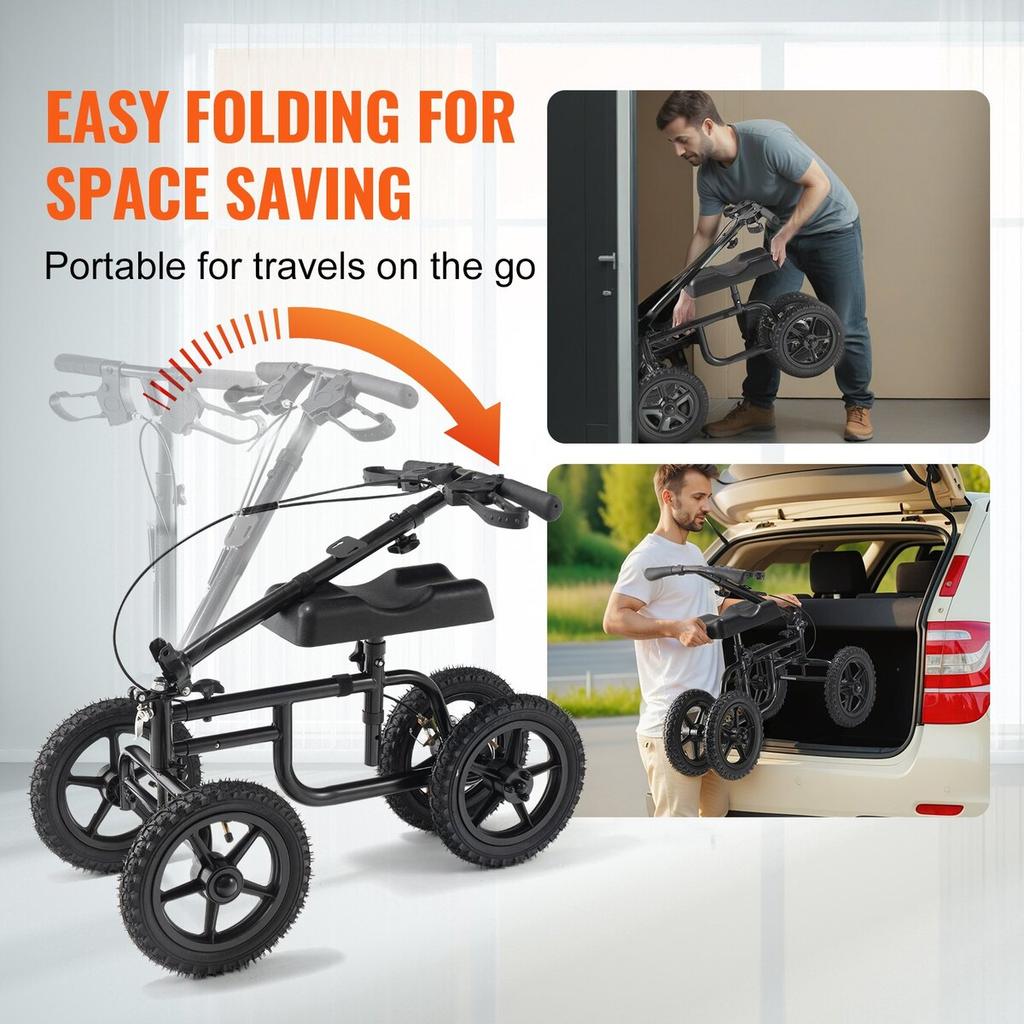 Folding Knee Scooter, Carbon Steel Steerable Knee Walker with Height-Adjustable Handlebar & Knee Pad, 12" All-Terrain Wheel, Dual Brakes, Leg Recovery