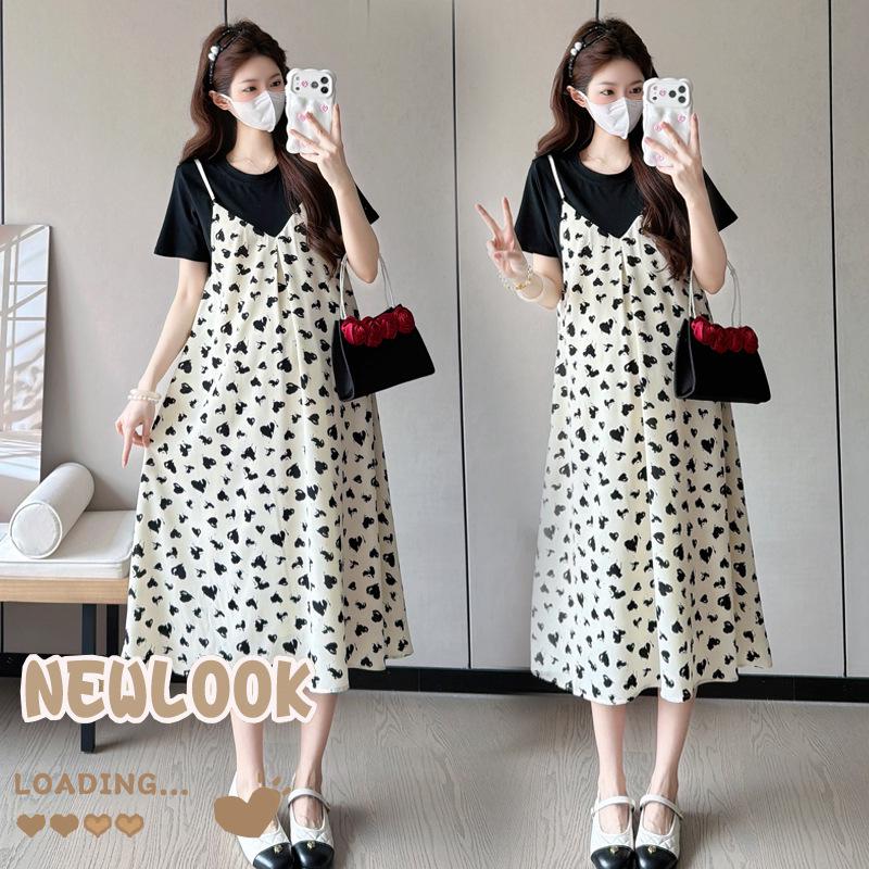 2026 Summer Heart Print Maternity Dress - Mid-Length Two-Piece Style